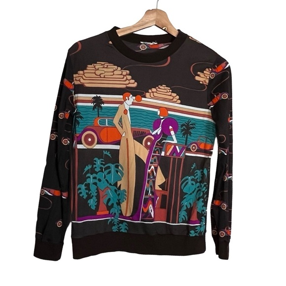 Vintage 70s Art Deco Long Sleeve Top Boardwalk Scene Print Maximalist - Picture 3 of 11